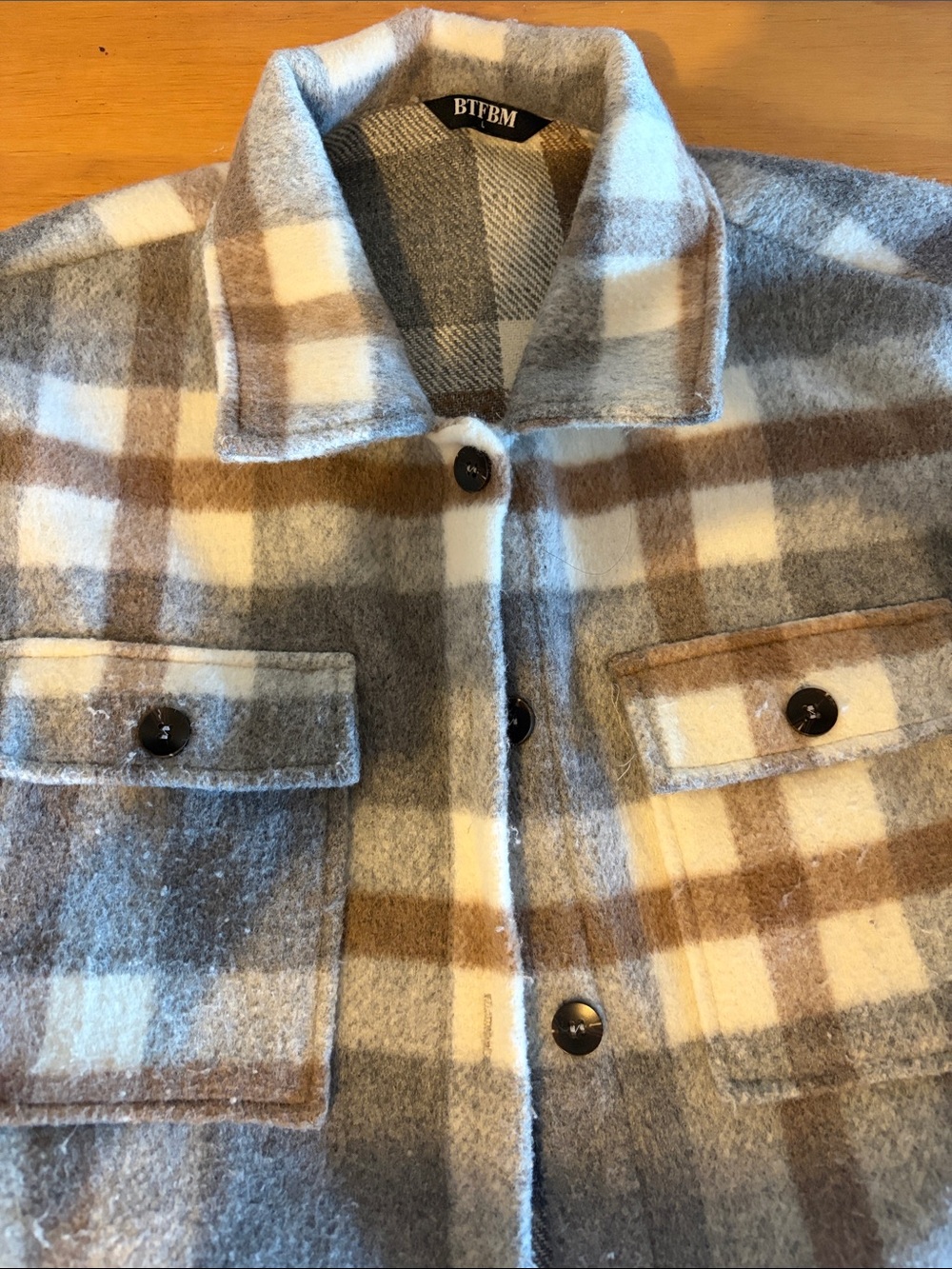 BTFBM Women's Plaid Button-Up Shacket in Gray, Cream & Brown